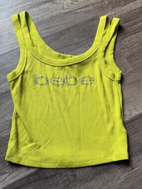 Sunny Lime Green Ribbed Tank Top with Sparkly Bebe Logo - S